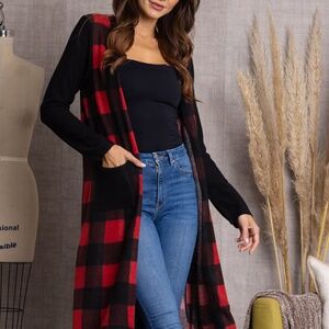 RED OPEN FRONT PATCH POCKET LONG CARDIGAN
